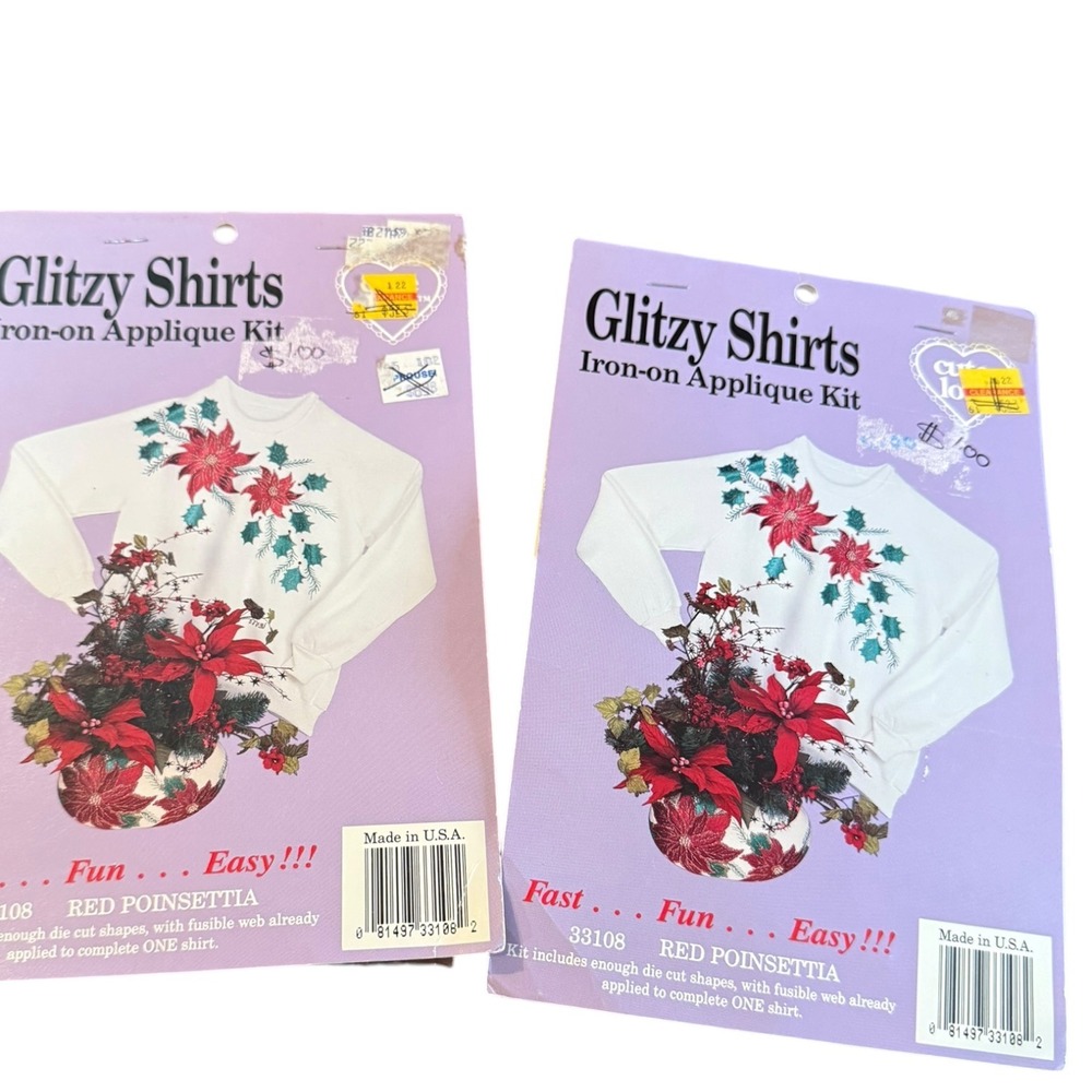 Vintage Glitzy Shirts Red Poinsettia Iron On Applique Kit 33108 Lot of 2 USA